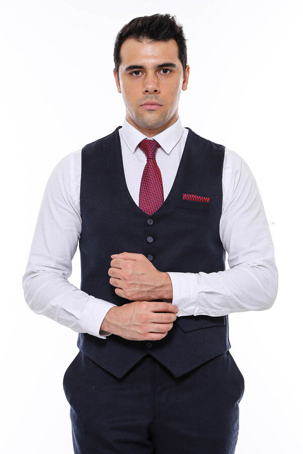 8 Buttoned Plain Navy Blue Vest - Wessi