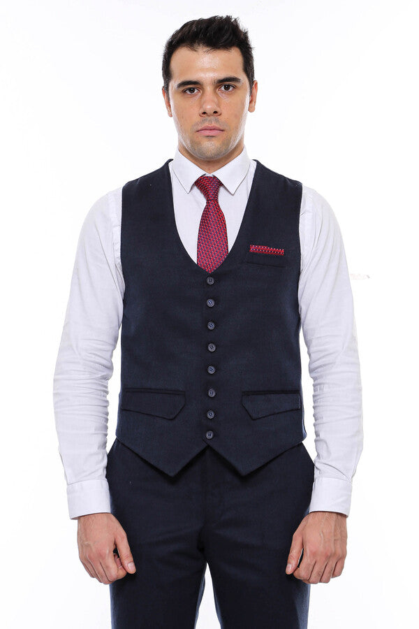 8 Buttoned Plain Navy Blue Vest - Wessi