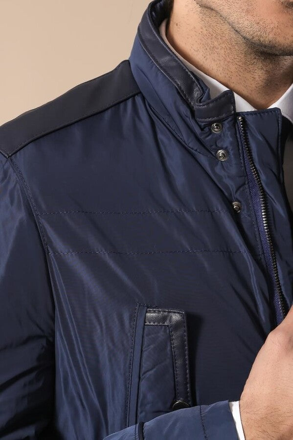 Leather Modeled Blue Slim Fit Quilted Jacket - Wessi