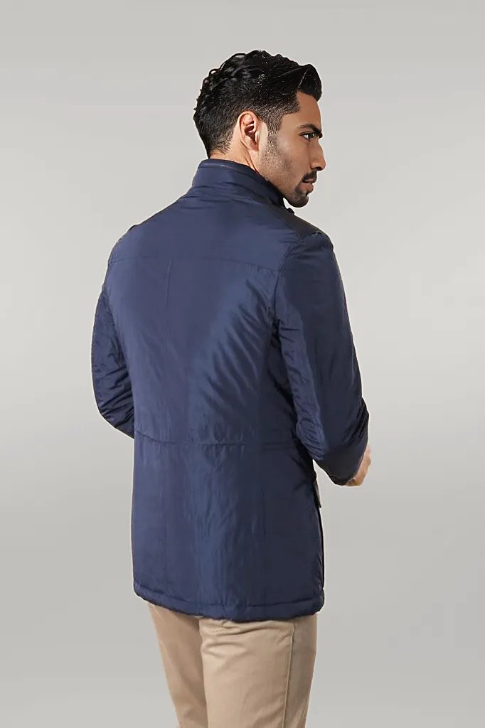 Leather Modeled Blue Slim Fit Quilted Jacket - Wessi