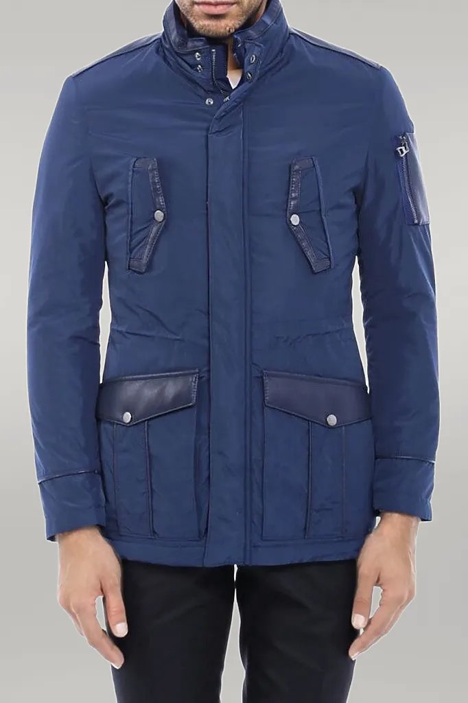 Leather Modeled Blue Slim Fit Quilted Jacket - Wessi