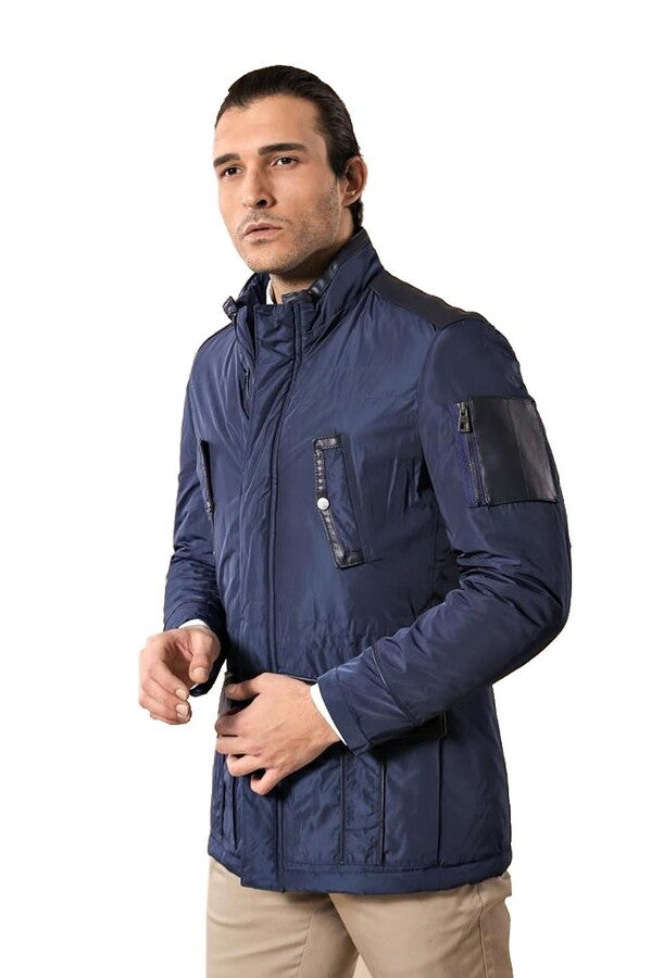 Leather Modeled Blue Slim Fit Quilted Jacket - Wessi