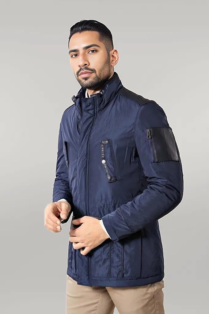 Leather Modeled Blue Slim Fit Quilted Jacket - Wessi