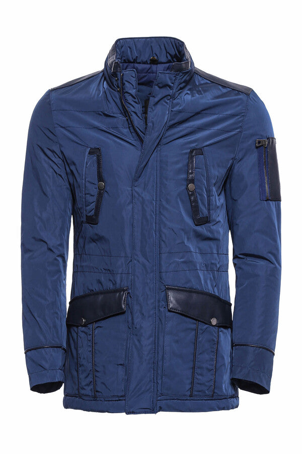 Leather Modeled Blue Slim Fit Quilted Jacket - Wessi