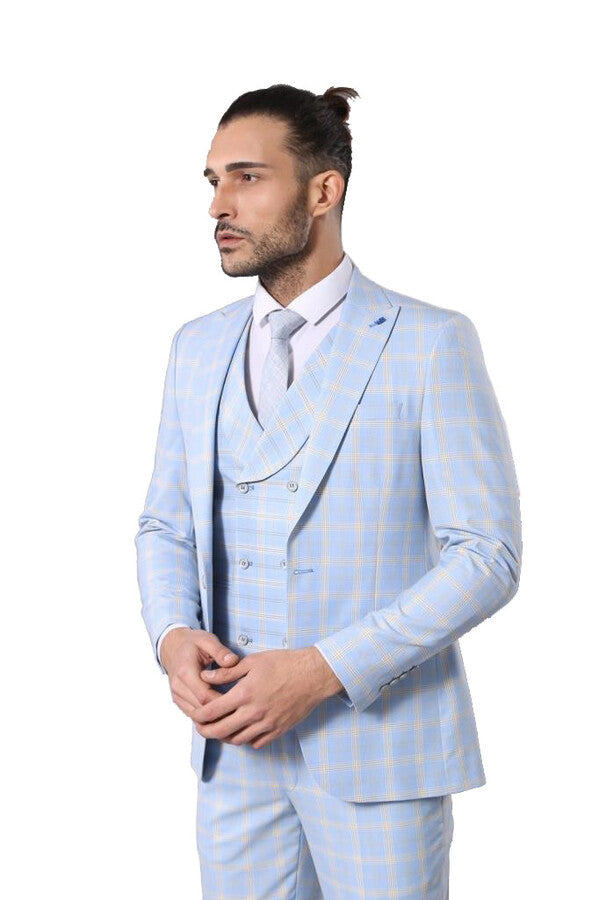 Baby Blue Checked Three Pieces Of Suit | Wessi