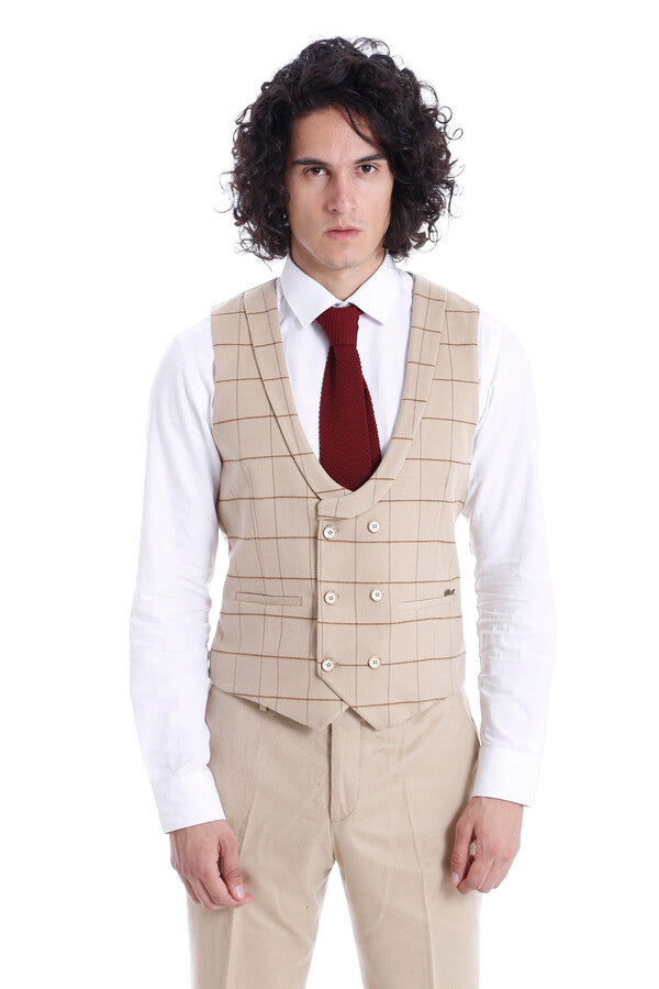 Beige Men Vest Pants Set - Wessi