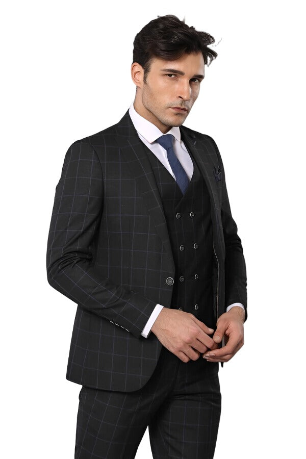 WSS Black Checked 3 Piece Linen Suit | Wessi - Wholesale Clothing Vendors