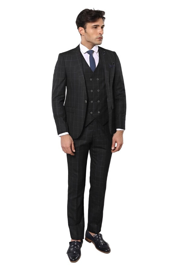 Black Checked 3 Piece Linen Suit | Wessi