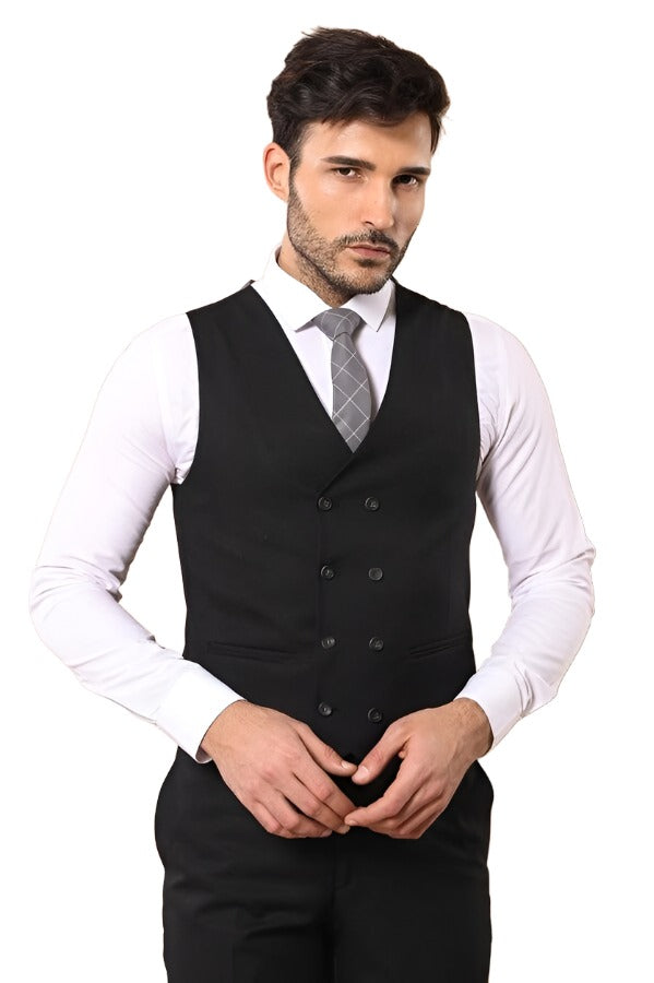 Black Double Breasted Vest Grey Men Suit - Wessi