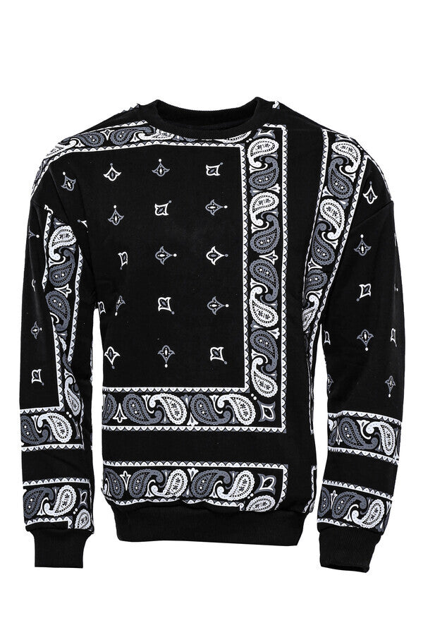 Black Patterned Crew Neck Sweater - Wessi