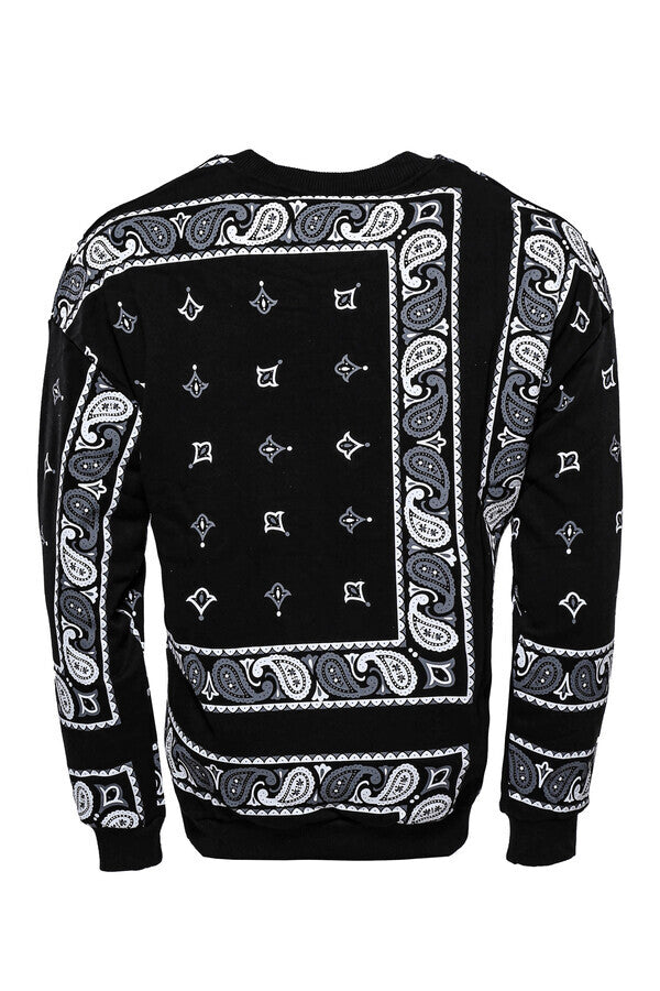 Black Patterned Crew Neck Sweater - Wessi