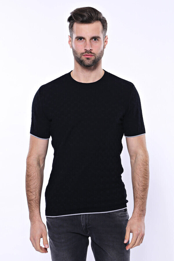 Patterned Tricot Knitted Black Men T-Shirt - Wessi