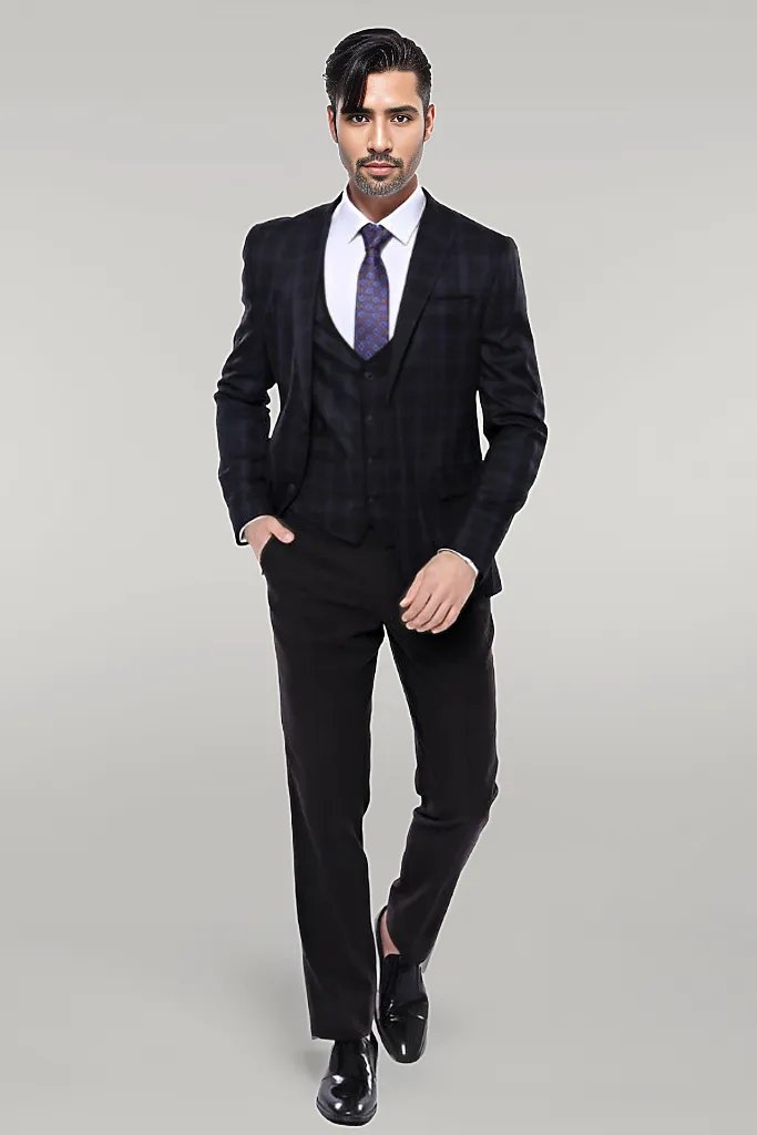 Black Plaid Men's Winter 3 Piece Suit - Wessi