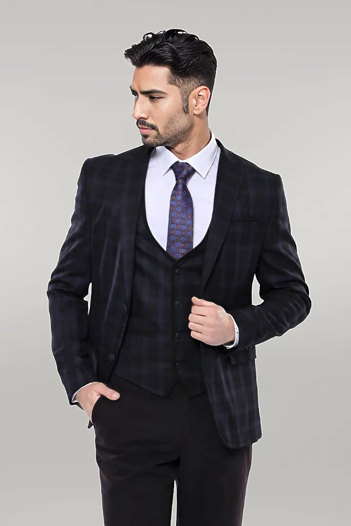 Black Plaid Men's Winter 3 Piece Suit - Wessi