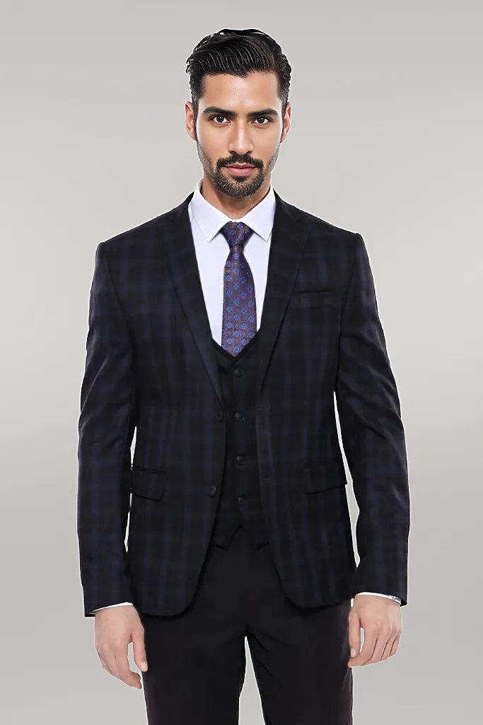 Black Plaid Men's Winter 3 Piece Suit - Wessi