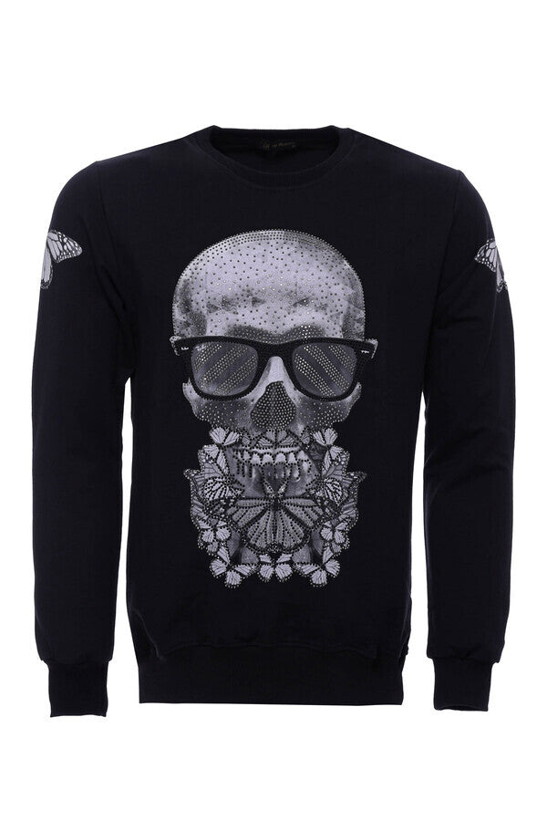 Sweat Noir Imprimé Col Rond Manches Longues - Wessi