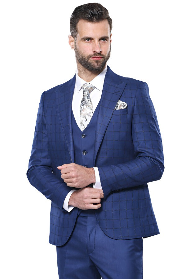 Blue Vested Suit With Plaid Blazer - Wessi