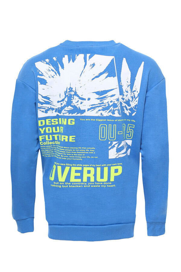 Blue Both Side Printed Circle Neck Men's Sweatshirt - Wessi