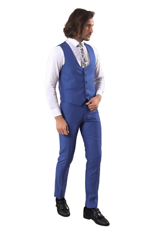 Blue Men's Plain Suit with Vest - Wessi