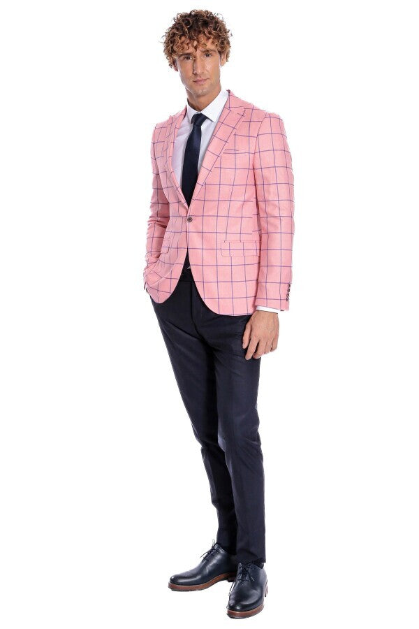 Blue Plaid Patterned Slim Fit Pink Men Blazer - Wessi