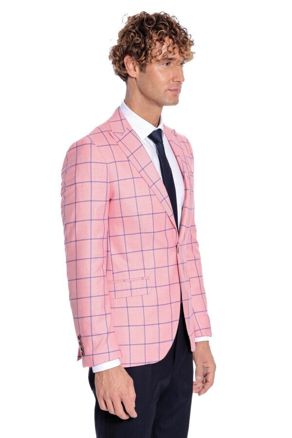 Blue Plaid Patterned Slim Fit Pink Men Blazer - Wessi