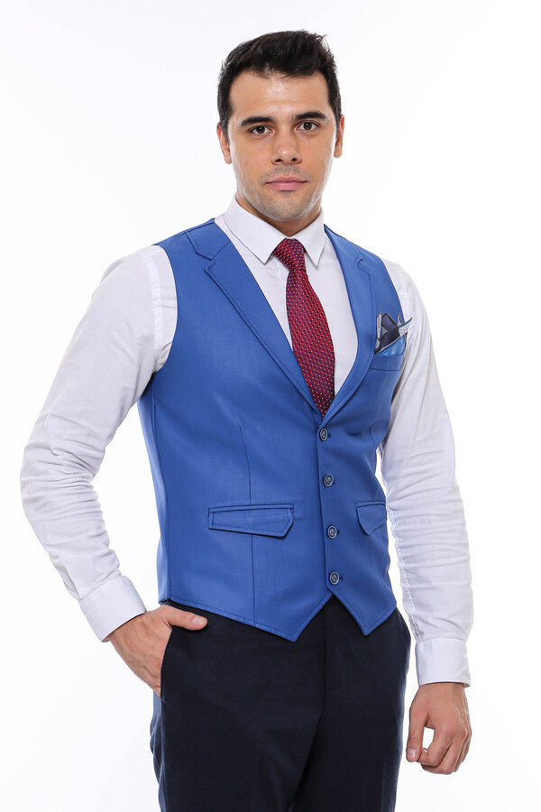 Blue Plain Collared Men's Vest - Wessi