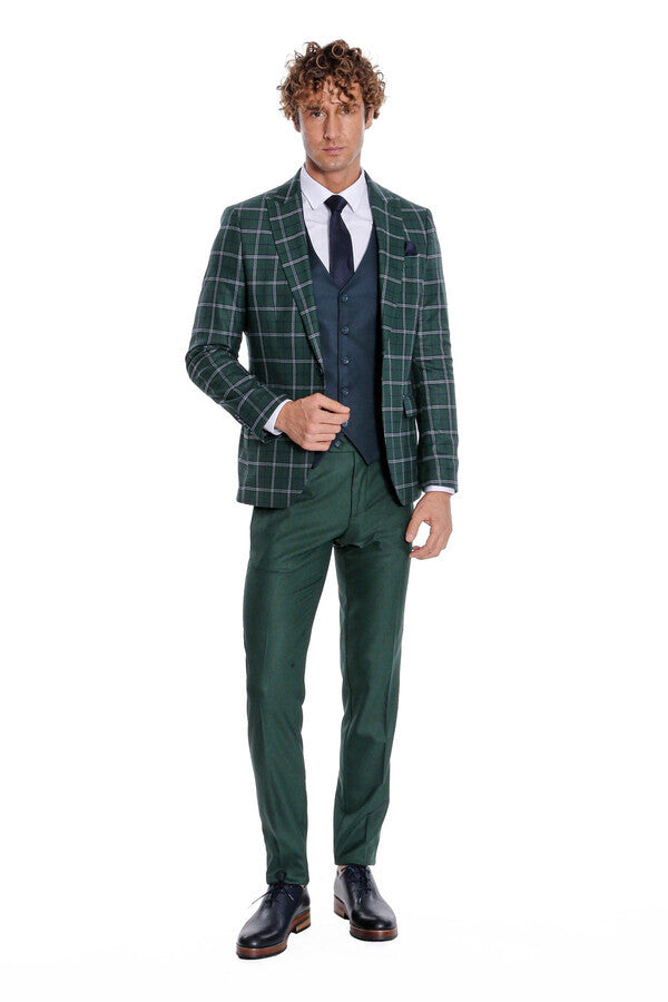 Blue Vested Slim Fit Checked Green Men Suit - Wessi