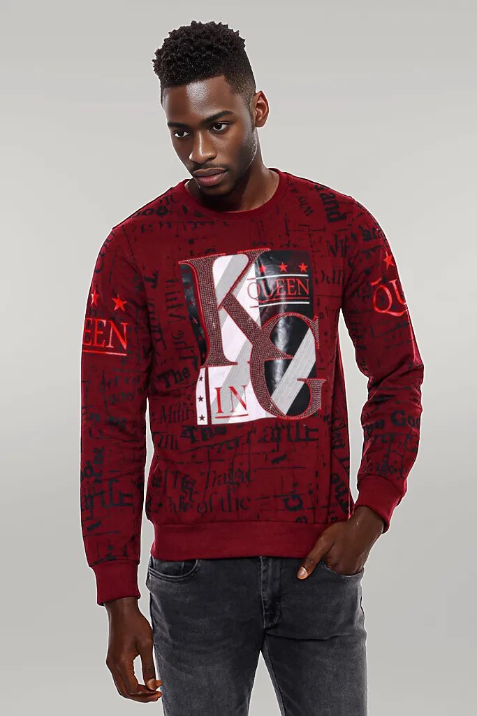 Burgundy Patterned Slim Fit Men Sweatshirt - Wessi