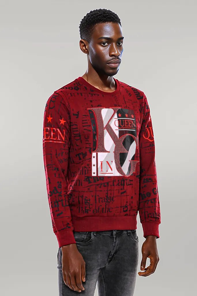 Burgundy Patterned Slim Fit Men Sweatshirt - Wessi