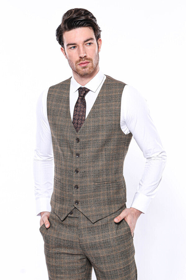 Brown Plaid Men Vest - Wessi