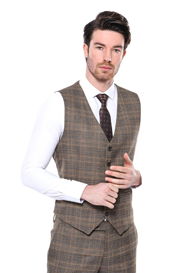 Brown Plaid Men Vest - Wessi