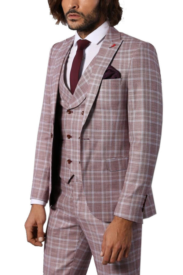 Burgundy Plaid Vested Slim Fit Italian Suit - Wessi