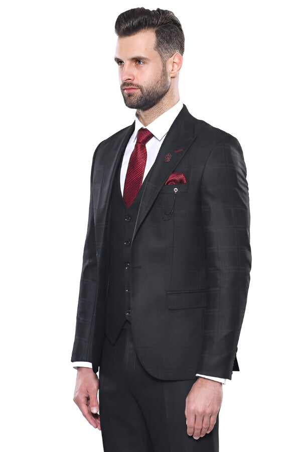 Checked Vested Black Suit | Wessi