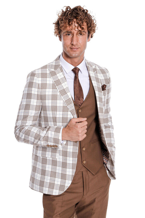 Checked Slim Fit Brown Men Suit - Wessi