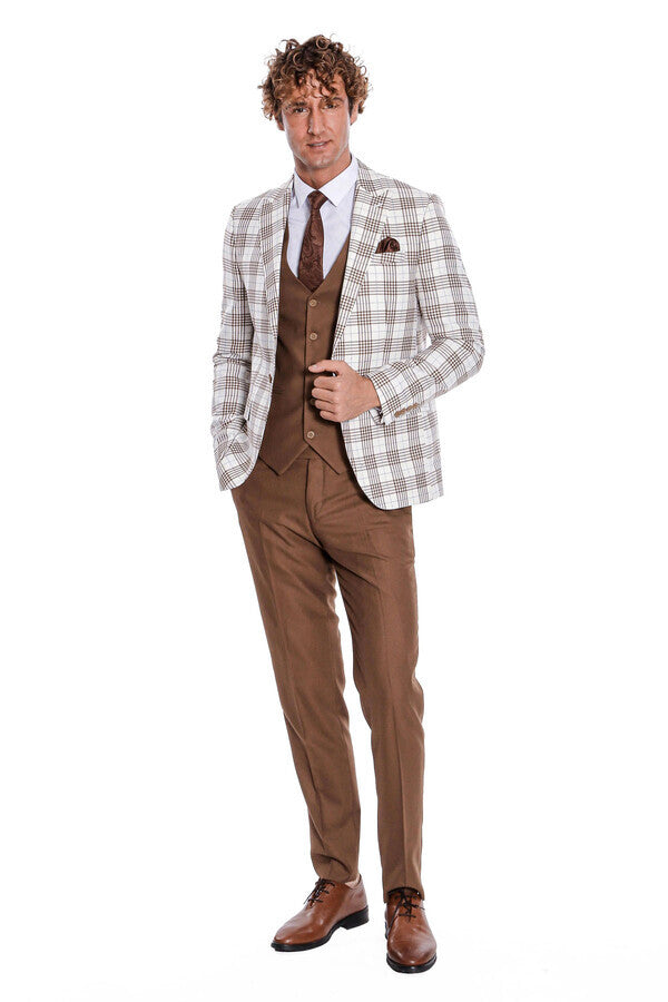 Checked Slim Fit Brown Men Suit - Wessi