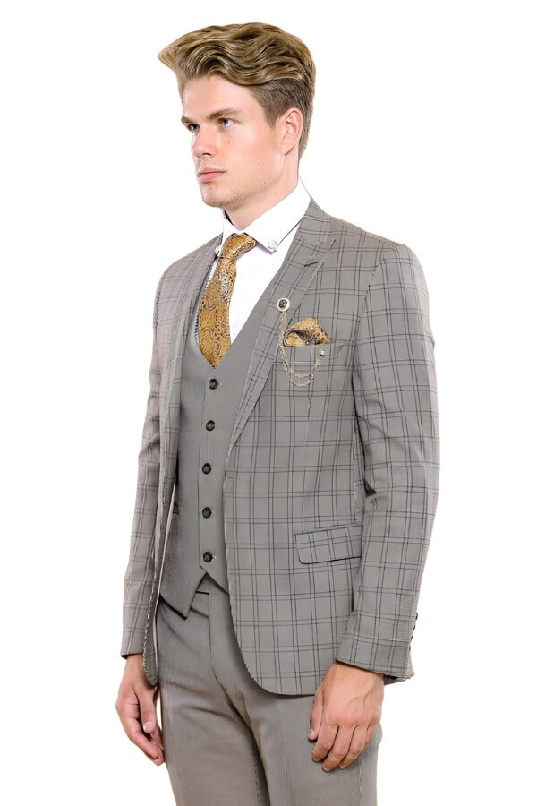 Checked Brown Vested Men's Suit | Wessi