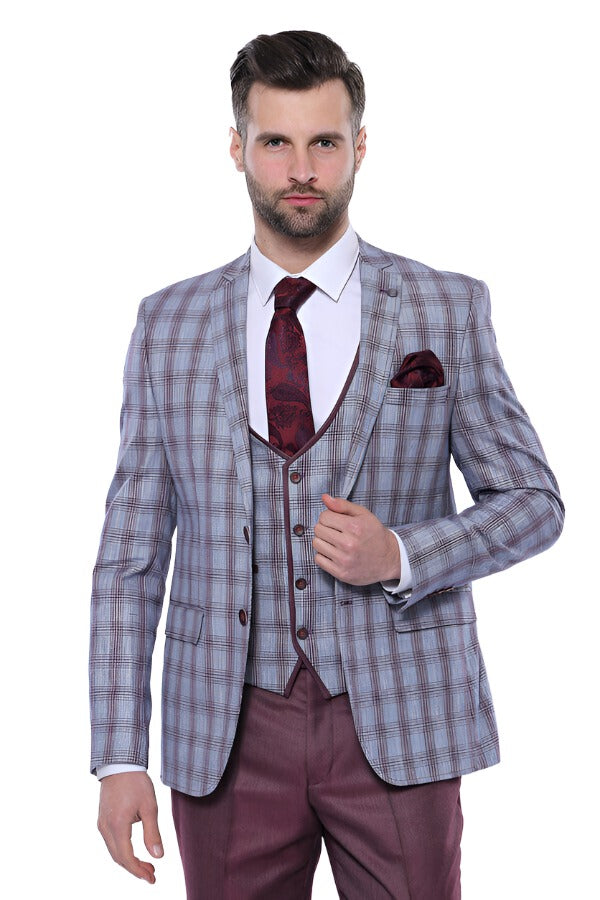Checked Burgundy Men Suit - Wessi