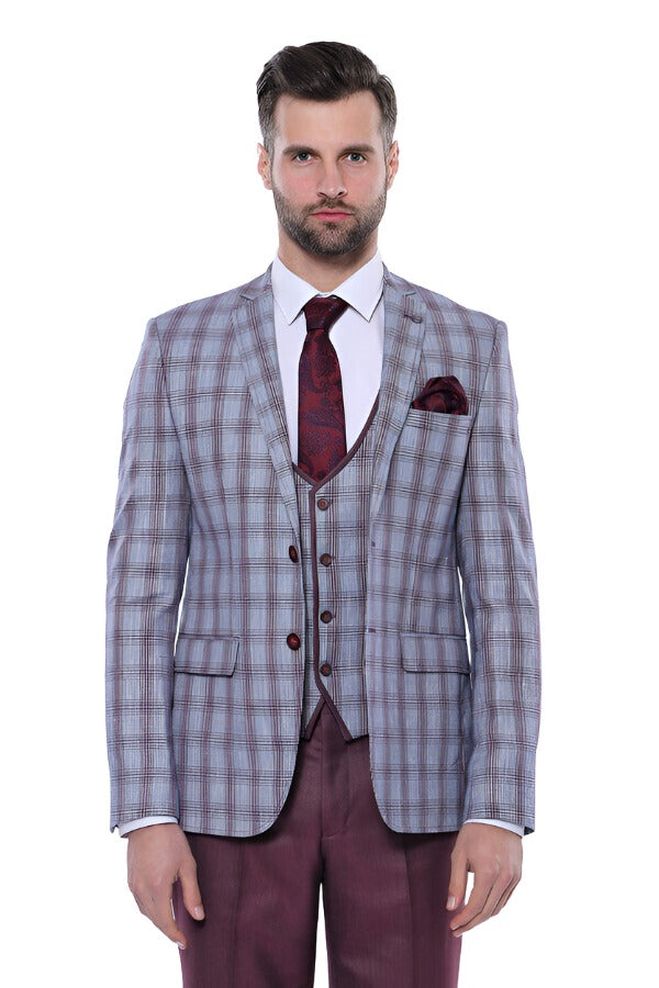 Checked Burgundy Men Suit - Wessi