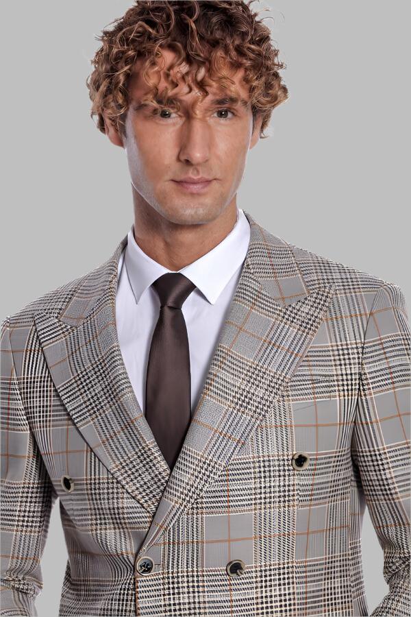 Checked Double Breasted Brown Men Blazer - Wessi