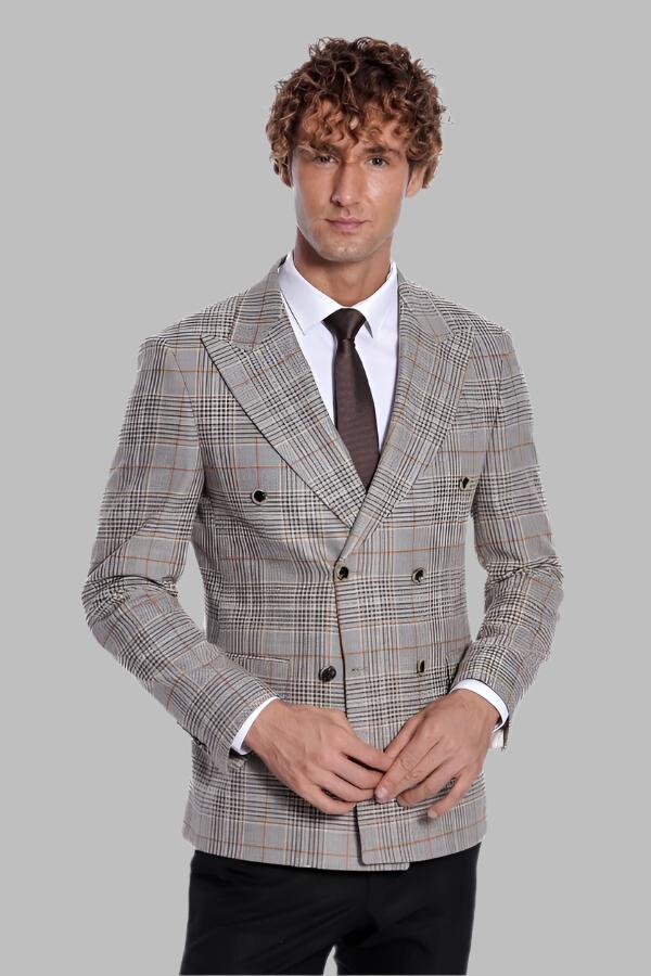 Checked Double Breasted Brown Men Blazer - Wessi