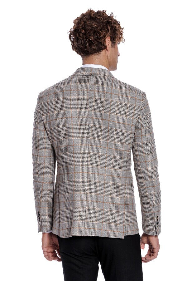 Checked Double Breasted Brown Men Blazer - Wessi