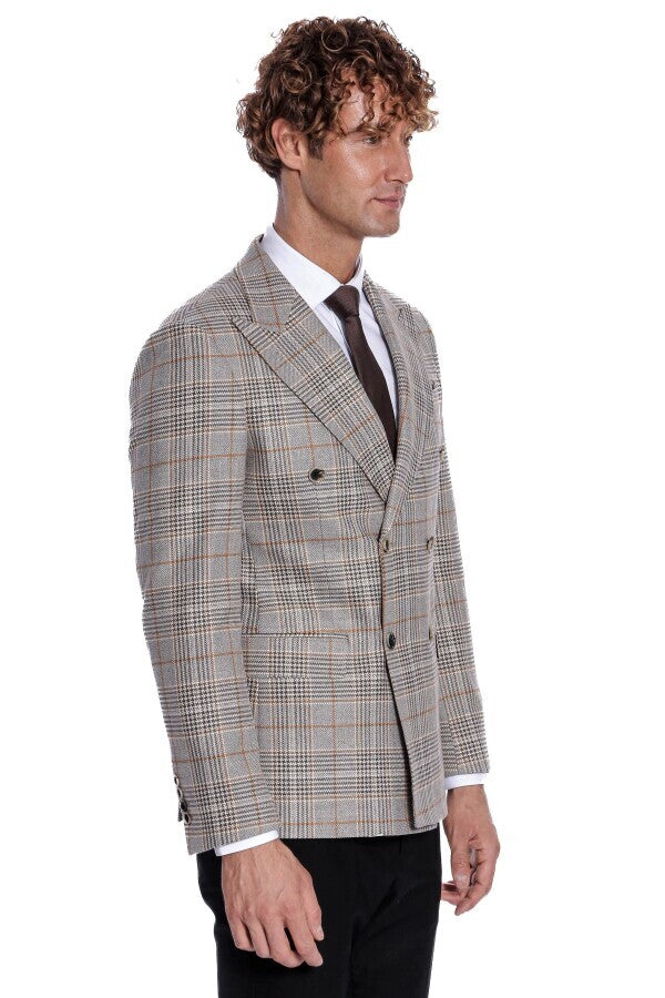 Checked Double Breasted Brown Men Blazer - Wessi