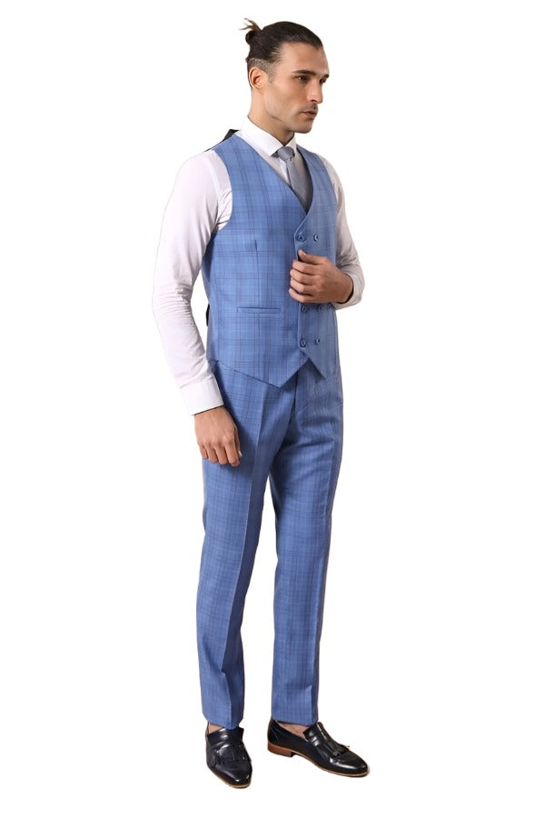 Checked Light Blue Men Suit - Wessi