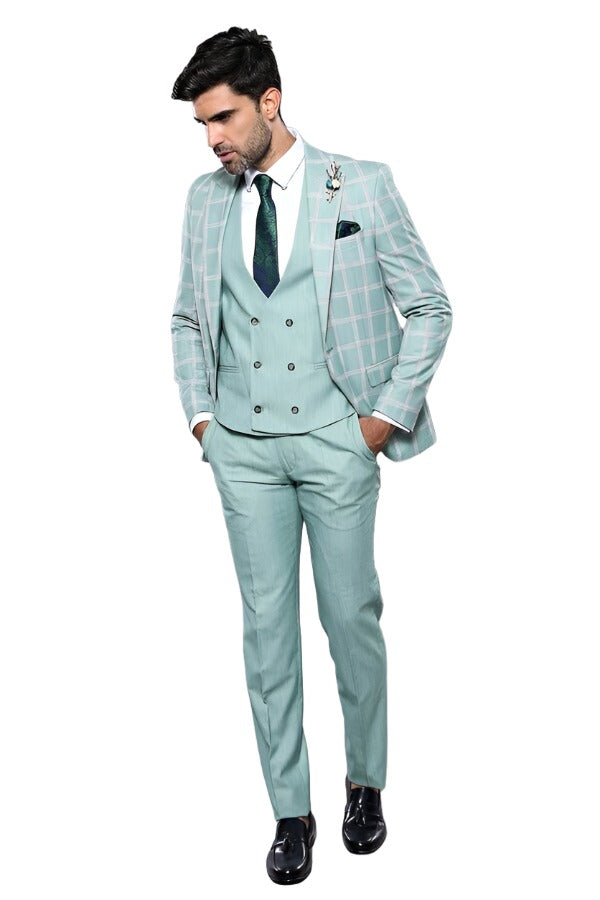 Checked Light Green Vested Suit | Wessi