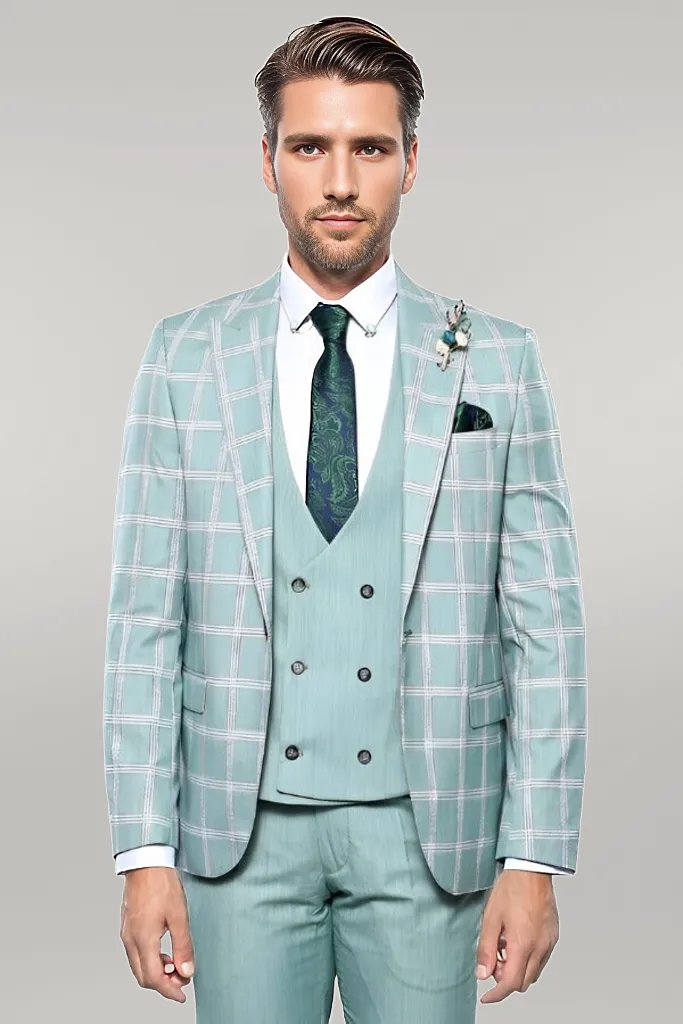 Checked Light Green Vested Suit | Wessi