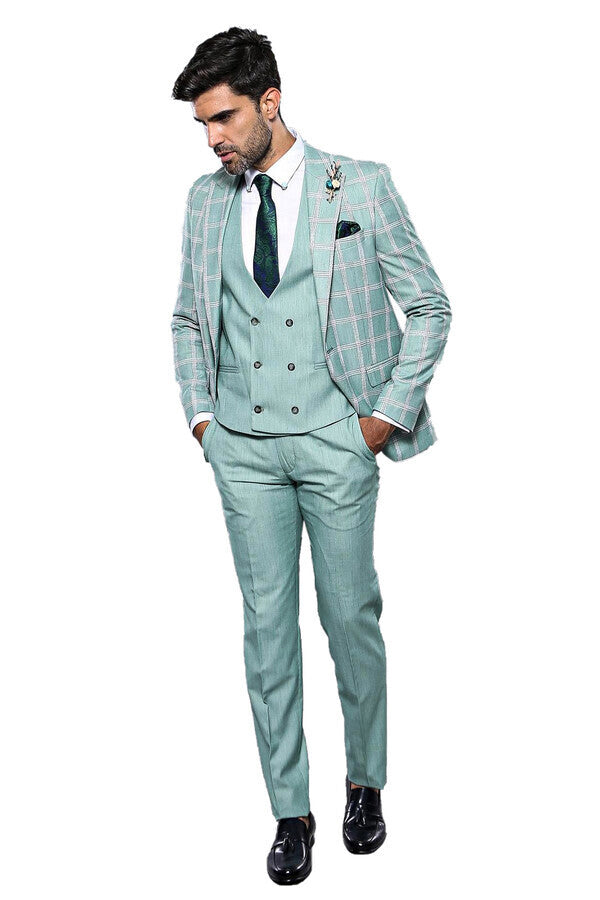 Checked Light Green Vested Suit | Wessi