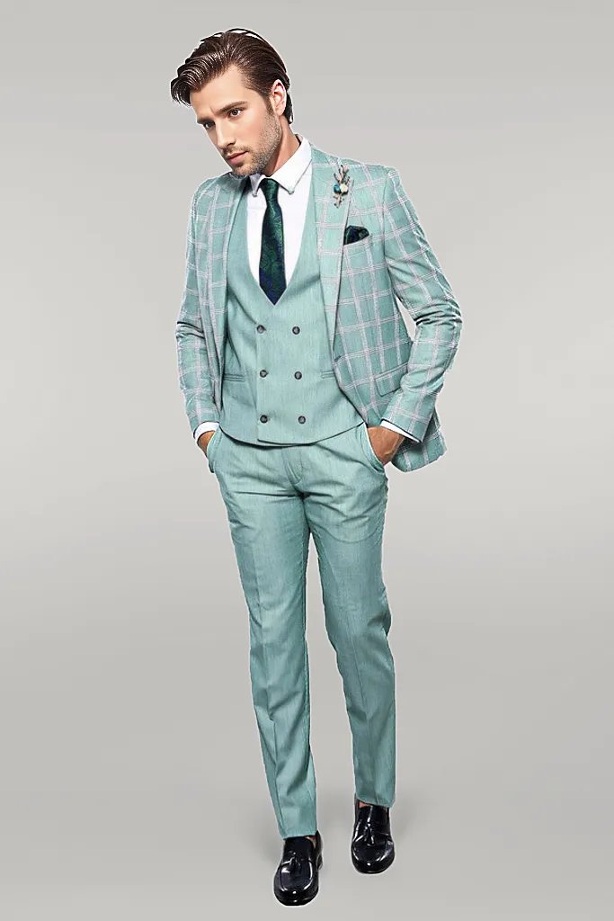 Checked Light Green Vested Suit | Wessi