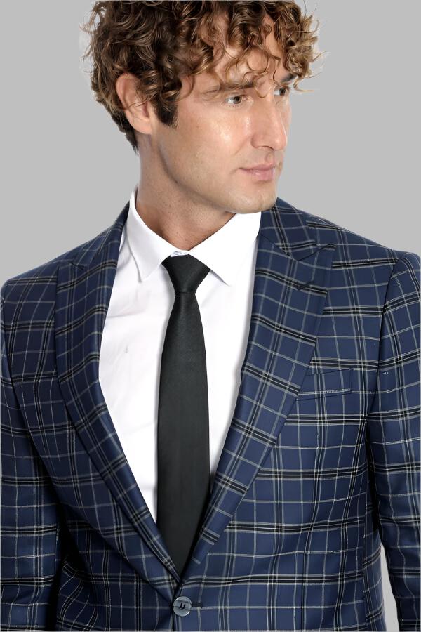 Checked Navy Blue Men Blazer - Wessi