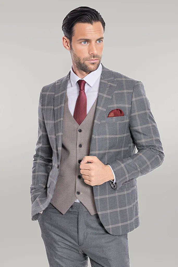 Checked Patterned Beige Vested Slim Fit Grey Men Suit - Wessi