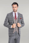 Checked Patterned Beige Vested Slim Fit Grey Men Suit - Wessi